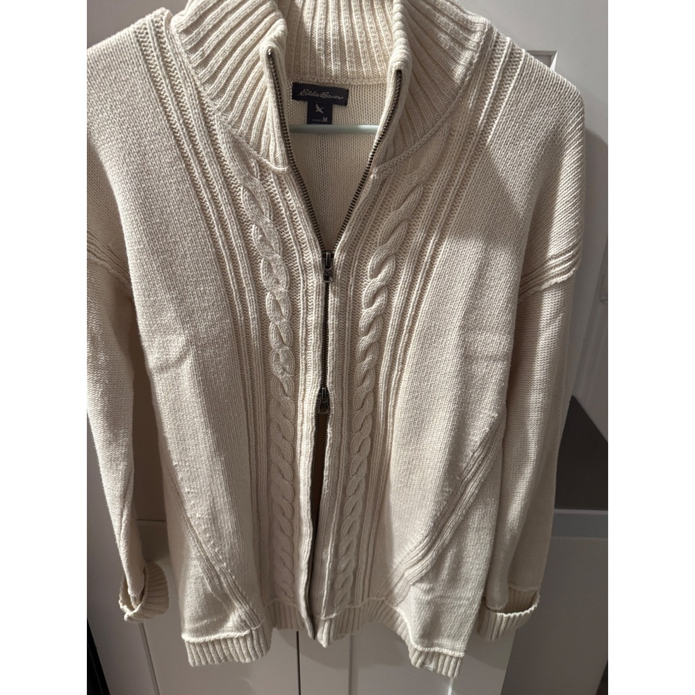 Eddie‎ Bauer Womens Cream Cable Knit Mock Neck Sweater Size M 2 Way Zipper